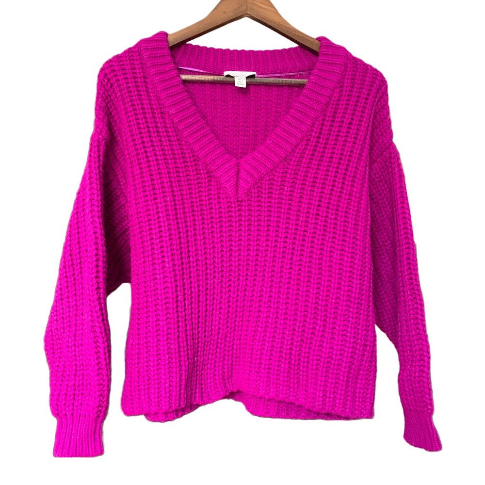 Bright Magenta Cropped Cable Knit V Neck Sweater